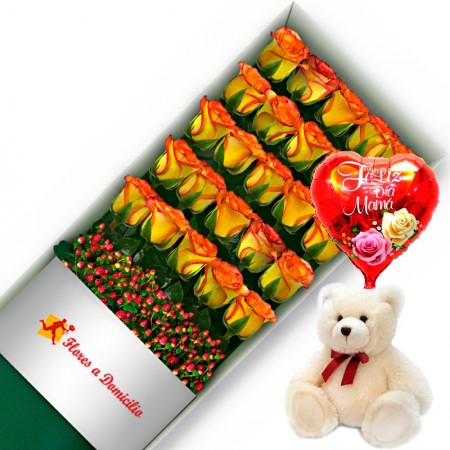 CAJA CON 24 ROSAS CIRCUS + PELUCHE Y GLOBO DÍA DE LA MADRE