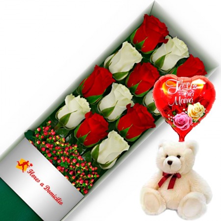 CAJA CON 12 ROSAS ROJAS Y BLANCAS + PELUCHE Y GLOBO DÍA DE LA MADRE