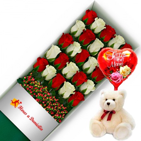 CAJA CON 24 ROSAS ROJAS Y BLANCAS + PELUCHE Y GLOBO DÍA DE LA MADRE