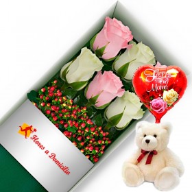 CAJA CON 6 ROSAS ROSADAS Y BLANCAS + PELUCHE Y GLOBO DÍA DE LA MADRE CAJA CON 6 ROSAS ROSADAS Y BLANCAS + PELUCHE Y GLOBO DÍA DE LA MADRE