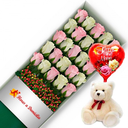 CAJA CON 24 ROSAS ROSADAS Y BLANCAS + PELUCHE Y GLOBO DÍA DE LA MADRE