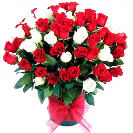 Florero con Rosas 100 Rosas Blancas y Rojas