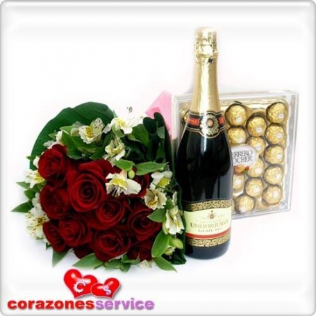 Ramo de 12 Rosas + Bombones + Champagne