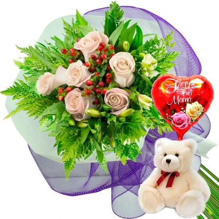 Ramo 6 Rosas Blancas más Globo día de la Madre y Peluche