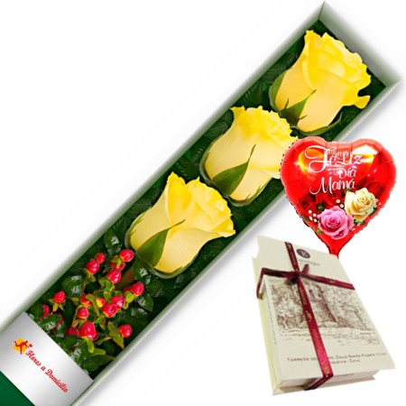 CAJA CON 3 ROSAS AMARILLAS + CHOCOLATE Y GLOBO DÍA DE LA MADRE