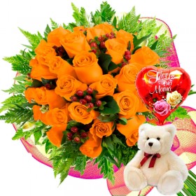 Ramo 24 Rosas Damasco más Globo día de la Madre y Peluche Ramo 24 Rosas Damasco más Globo día de la Madre y Peluche
