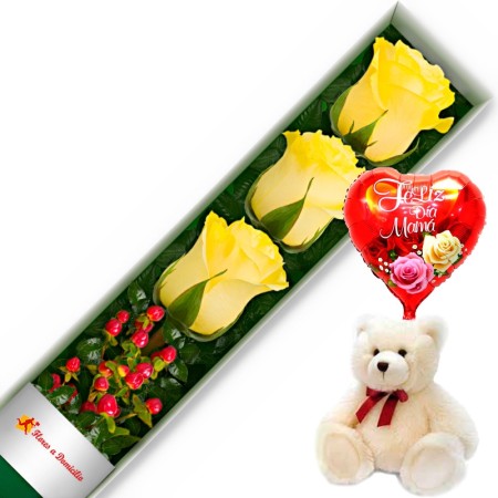 CAJA CON 3 ROSAS AMARILLAS + PELUCHE Y GLOBO DÍA DE LA MADRE