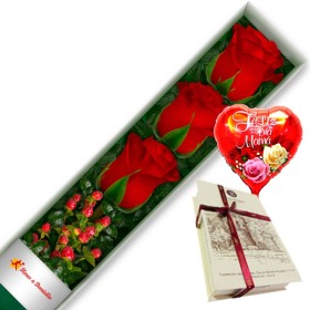 CAJA CON 3 ROSAS ROJAS + CHOCOLATE Y GLOBO DÍA DE LA MADRE