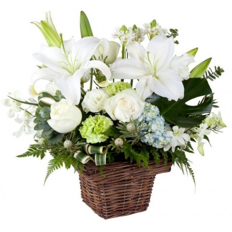 Cesta Condolencias Pequeño con Liliums y Rosas Blancas