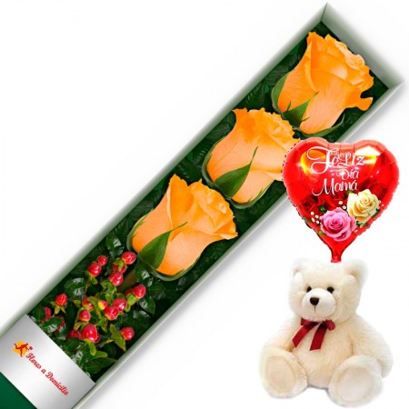 CAJA CON 3 ROSAS DAMASCO + PELUCHE Y GLOBO DÍA DE LA MADRE