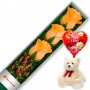 CAJA CON 3 ROSAS DAMASCO + PELUCHE Y GLOBO DÍA DE LA MADRE