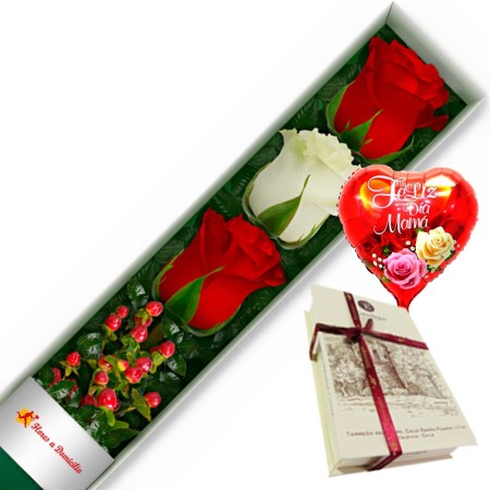 CAJA CON 3 ROSAS ROJAS Y BLANCAS + CHOCOLATE Y GLOBO DÍA DE LA MADRE