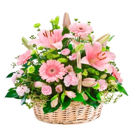 Canastillo Grande con Liliums y Gerberas Rosadas