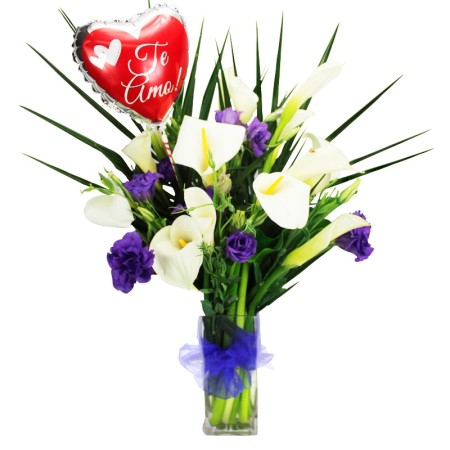 Florero con 10 Calas Blancas + Lisianthus Morados + Globo para la Ocasión