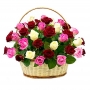 Canastillo Redondo Tricolor con 30 Rosas Blancas Rojas y Rosadas