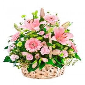 Cesta de Flores Grande con flores Liliums y Gerberas color Rosadas Cesta de Flores Grande con flores Liliums y Gerberas color Rosadas