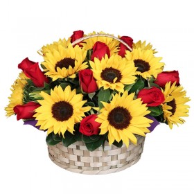 Cesta de 12 Rosas rojas Grande más 10 Girasoles Cesta de 12 Rosas rojas Grande más 10 Girasoles