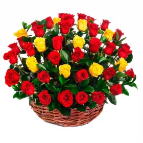 Canastillo redondo Grande con 40 Rosas Rojas y Amarillas Canastillo redondo Grande con 40 Rosas Rojas y Amarillas