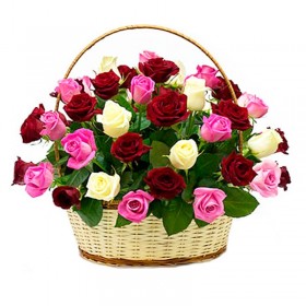 Canastillo Redondo Mediano Tricolor con 30 Rosas blancas, rojas y Rosadas Canastillo Redondo Mediano Tricolor con 30 Rosas blancas, rojas y Rosadas