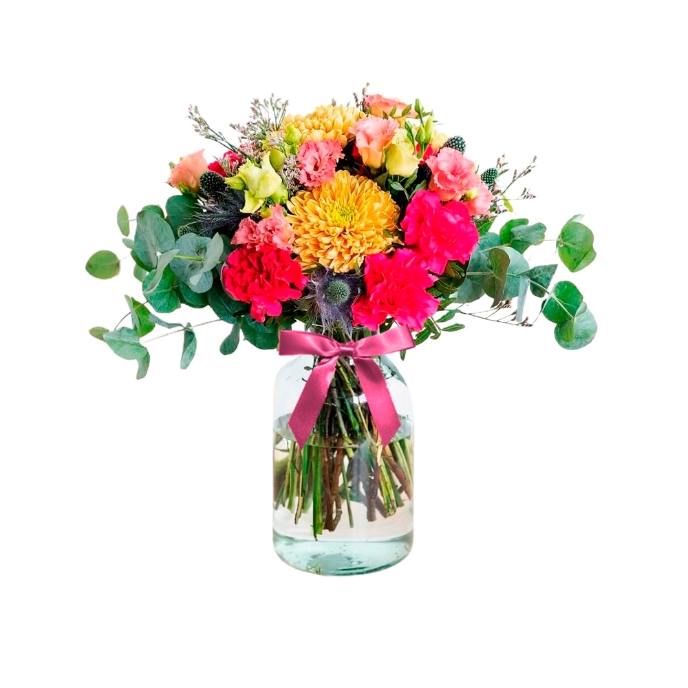 Florero Rústico con Flores Primaverales Eucalipto 6 rosas Astromelias  Limonios y Flores Silvestres