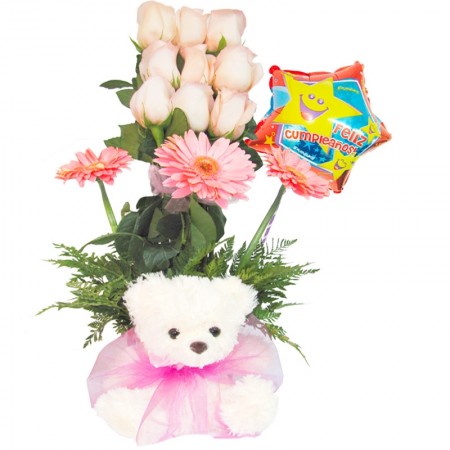  Arreglo de 9 Rosas Rosadas para Cumpleaños + Peluche + Globo 