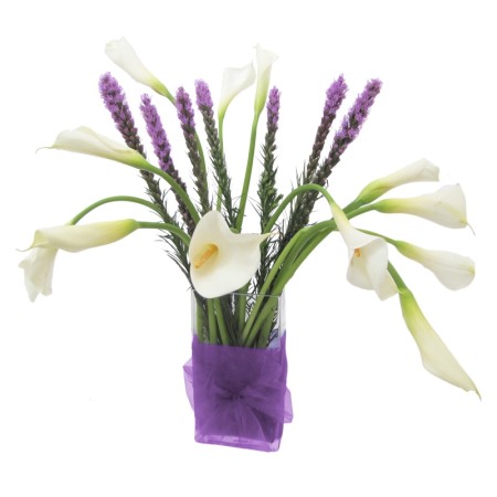 Florero con 10 Calas Blancas + Liatris