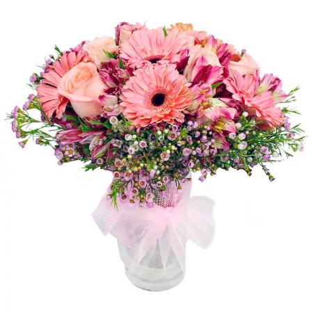 Florero con Flores Tono Rosa y Gerberas