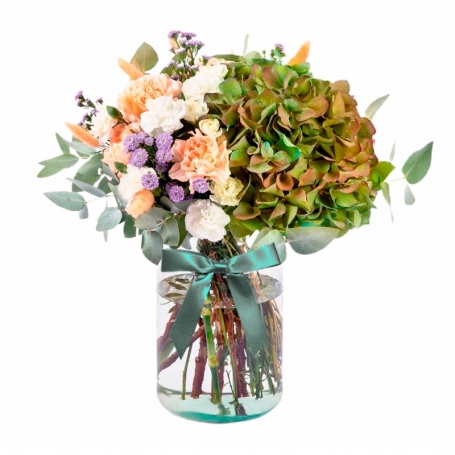 Florero con flores Rústicas con 2 Hortensias Eucalipto más flores mix