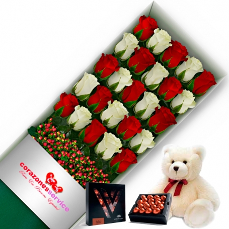 CAJA DE 24 ROSAS BLANCAS Y ROJAS MAS CHOCOLATE GRAGEA VARSOVIENNE Y PELUCHE