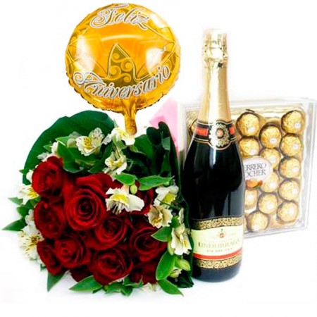 Ramo de 12 Rosas Rojas para Aniversario Más Champagne Bombones y Globo.