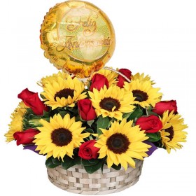 Canastillo Gigante para Aniversario con Girasoles y Rosas Rojas más Globo Canastillo Gigante para Aniversario con Girasoles y Rosas Rojas más Globo