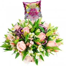 Cesta de Flores con Rosas rosadas Liliums y Astromelias más Globo es una Niña Cesta de Flores con Rosas rosadas Liliums y Astromelias más Globo es una Niña