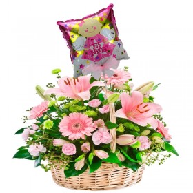Canastillo grande con 24 rosas y 10 Liliums color Rosado más Globo para Niña Canastillo grande con 24 rosas y 10 Liliums color Rosado más Globo para Niña