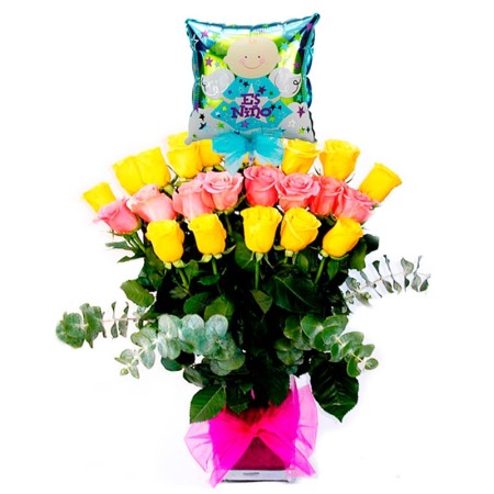 Florero para Nacimiento Bebe con 24 rosas Amarillas y Rosadas + Globo es un niño