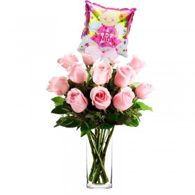 Florero con 12 Rosas Rosadas para Nacimiento con globo es una Niña Florero con 12 Rosas Rosadas para Nacimiento con globo es una Niña