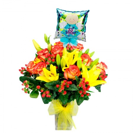 Florero 12 Rosas Circus y Liliums Amarillos + Globo para Nacimiento  NIño