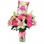 Florero Rosas Liliums y Gerberas Rosadas + Globo para Nacimiento NIña