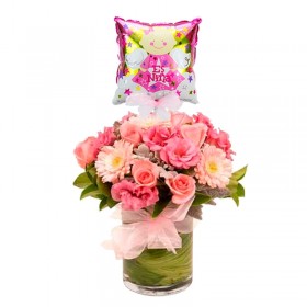 Florero Tonos Rosas + Globo Nacimiento Niña Florero Tonos Rosas + Globo Nacimiento Niña