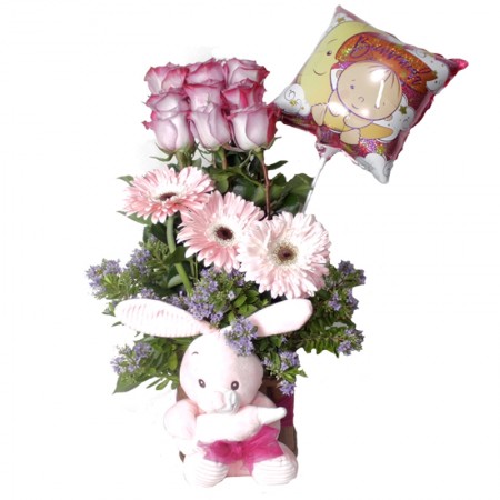 Canastillo Nacimiento para Niña en tonos Rosados con Gerberas 9 Rosas + Peluche + Globo