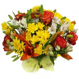 Canastillo Mediano con Liliums Rosas y Flores Mix tonos Naranjos Canastillo Mediano con Liliums Rosas y Flores Mix tonos Naranjos