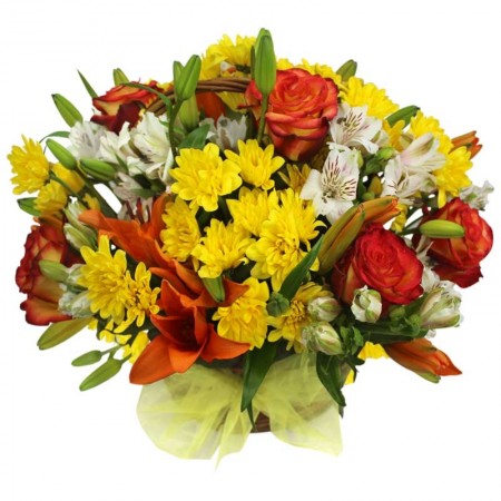 Canastillo Mediano con Liliums Rosas y Flores Mix tonos Naranjos