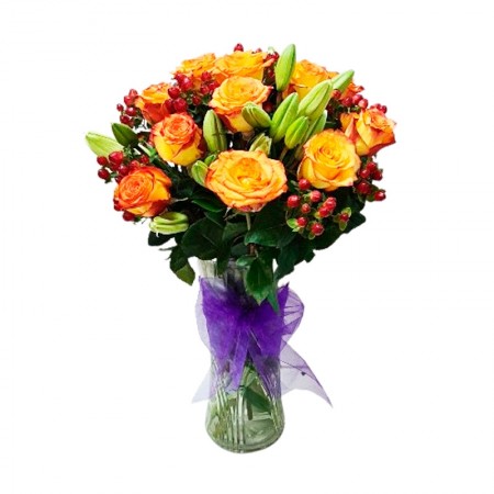 Florero 12 Rosas Circus mas Liliums + Hipericos Rojos