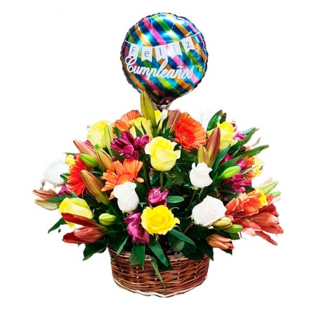 Cesta Para Cumpleaños 12 rosas más astromelias gerberas liliums y flores mix más + globo