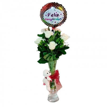 Florero para cumpleaños 6 rosas  más + Hipericos + Globo