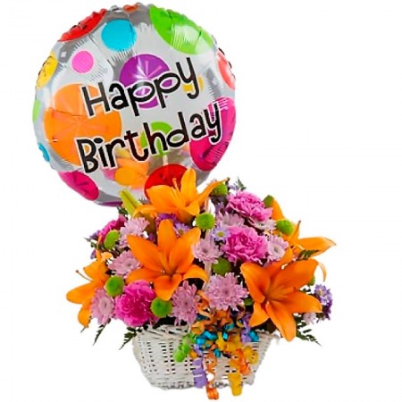 Cesta de Flores Cumpleaños Mediano con rosas y liliums naranjos + Peluche + Globo