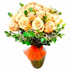 Florero 12 Rosas Damasco + Hipericos Rojos Florero 12 Rosas Damasco + Hipericos Rojos