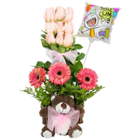 Arreglo de 9 Rosas para Cumpleaños mas Peluche y Globo