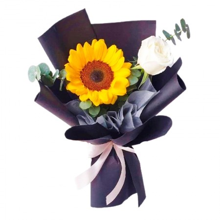 Ramo de 1 Girasol Más una Rosa y Eucaliptos