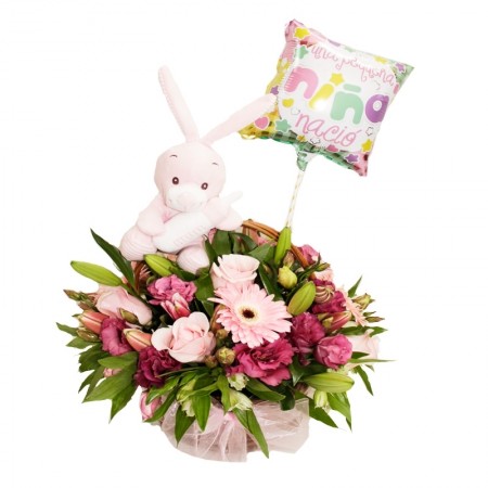 Flores de Nacimiento en Canastillo para Niña con Peluche