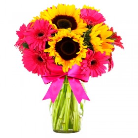 Florero con 5 Girasoles y 5 Gerberas más Flores Mix Florero con 5 Girasoles y 5 Gerberas más Flores Mix